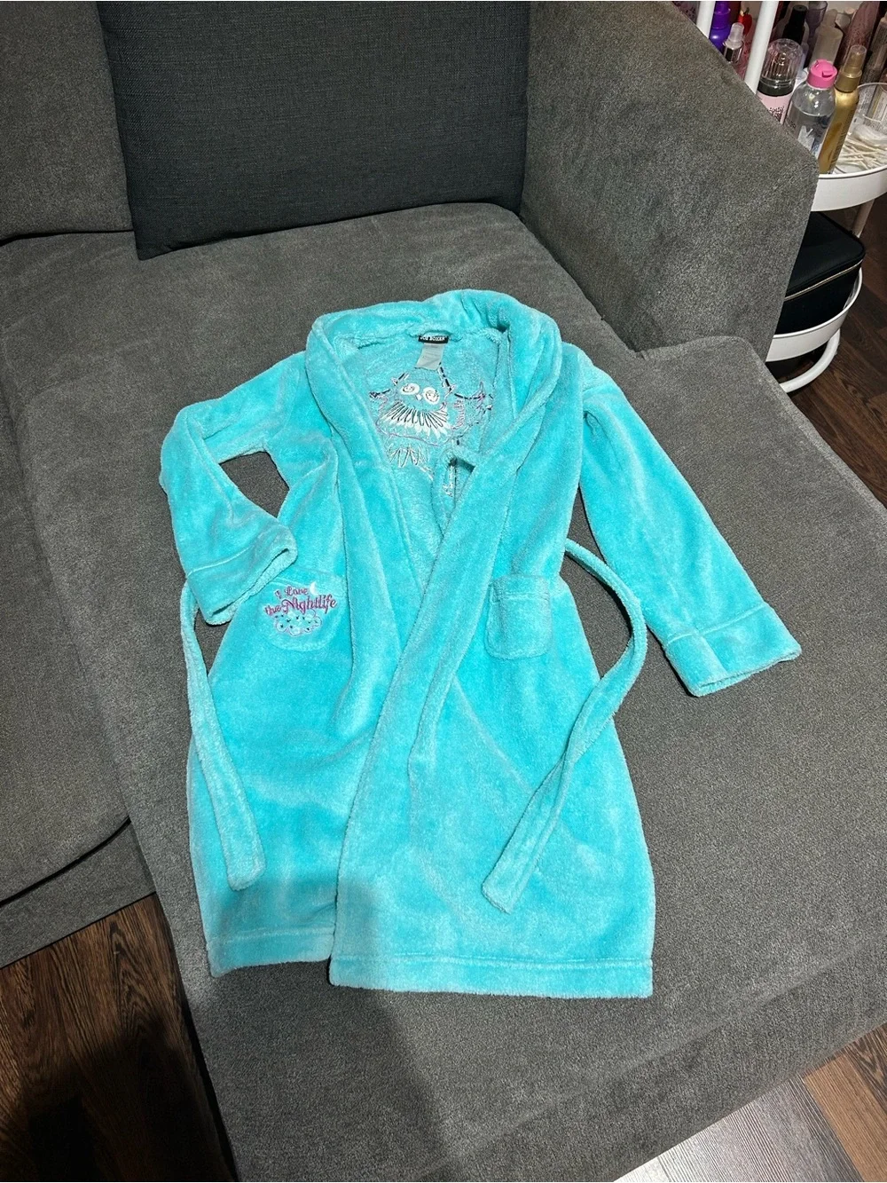Joe Boxer- girls M- 7/8- Kids Plush Bath Robe in Aqua - Soft Hooded Wrap